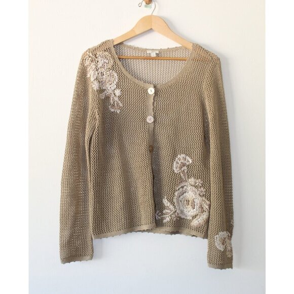 J. Jill Embroidered Floral knitted sweater Large Long Sleeves Y2K Linen Crochet - Picture 1 of 9